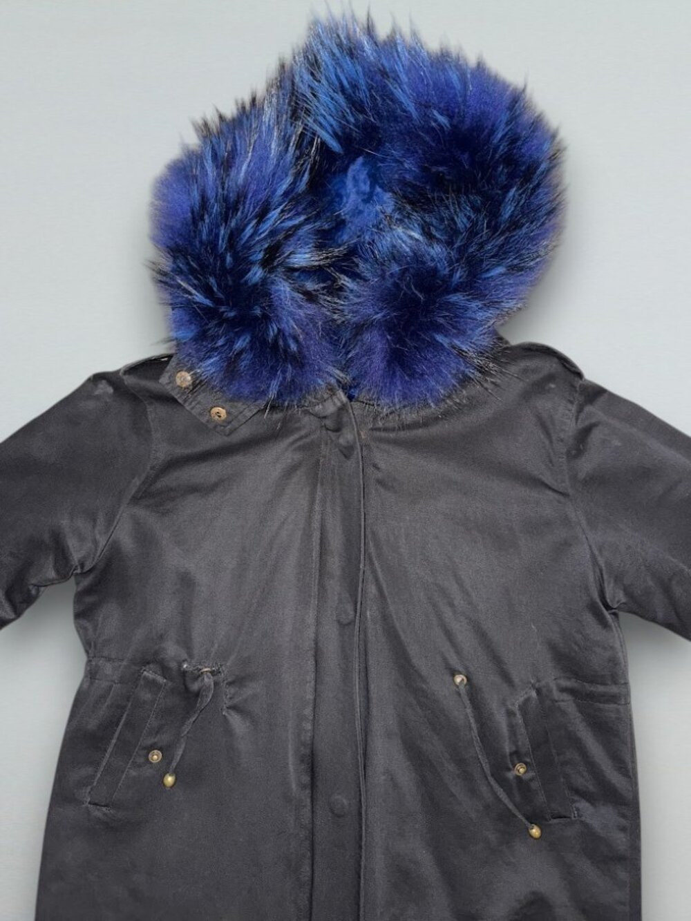 Girls Black Hooded Parka Blue Rex Rabbit Fur Lined Winter Coat Size 170